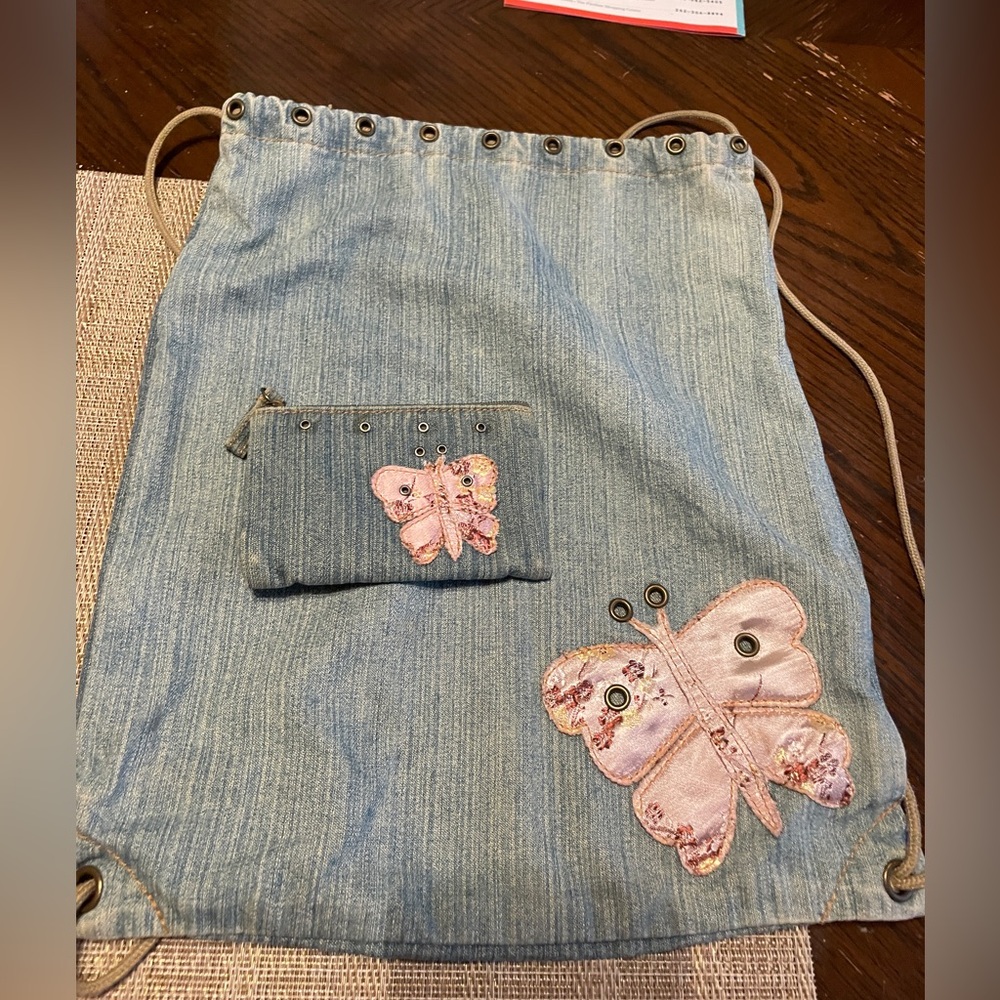 Jean Drawstring Backpack Purse with matching wallet